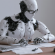 A robot working at a desk, with a gavel and scales in the background.