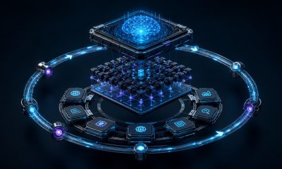 Exploded view of an AI agent showing model, memory, tools, and a control loop
