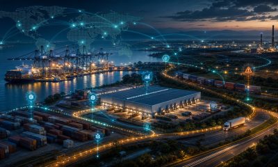 AI-orchestrated supply chain connecting ports, warehouses, trucks, and factories