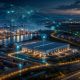 AI-orchestrated supply chain connecting ports, warehouses, trucks, and factories
