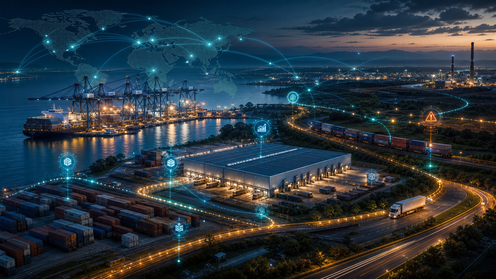 AI-orchestrated supply chain connecting ports, warehouses, trucks, and factories