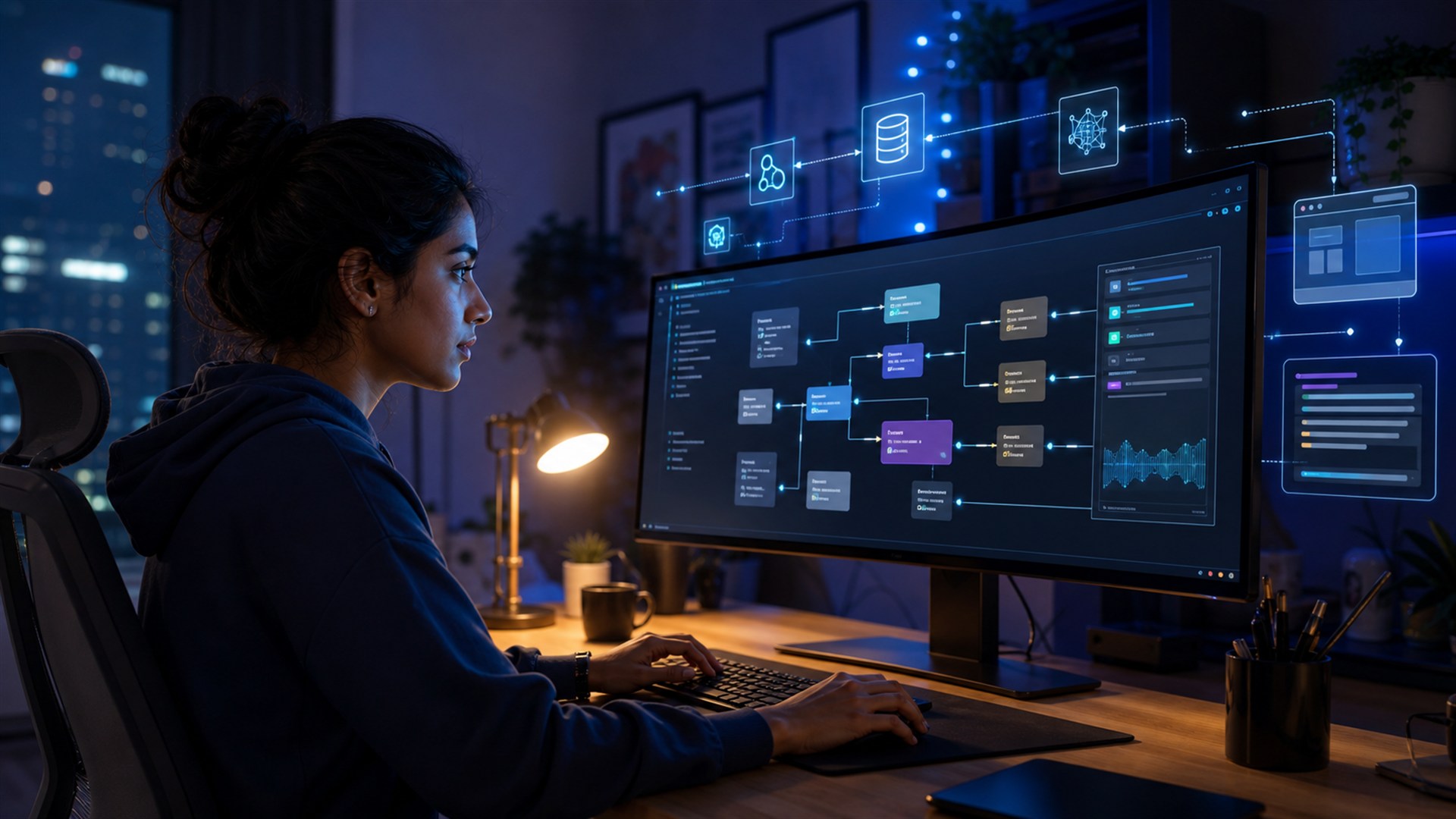 Developer building an AI system with JavaScript and TypeScript frameworks