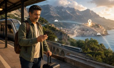 Traveler using an AI itinerary planner at a scenic train station
