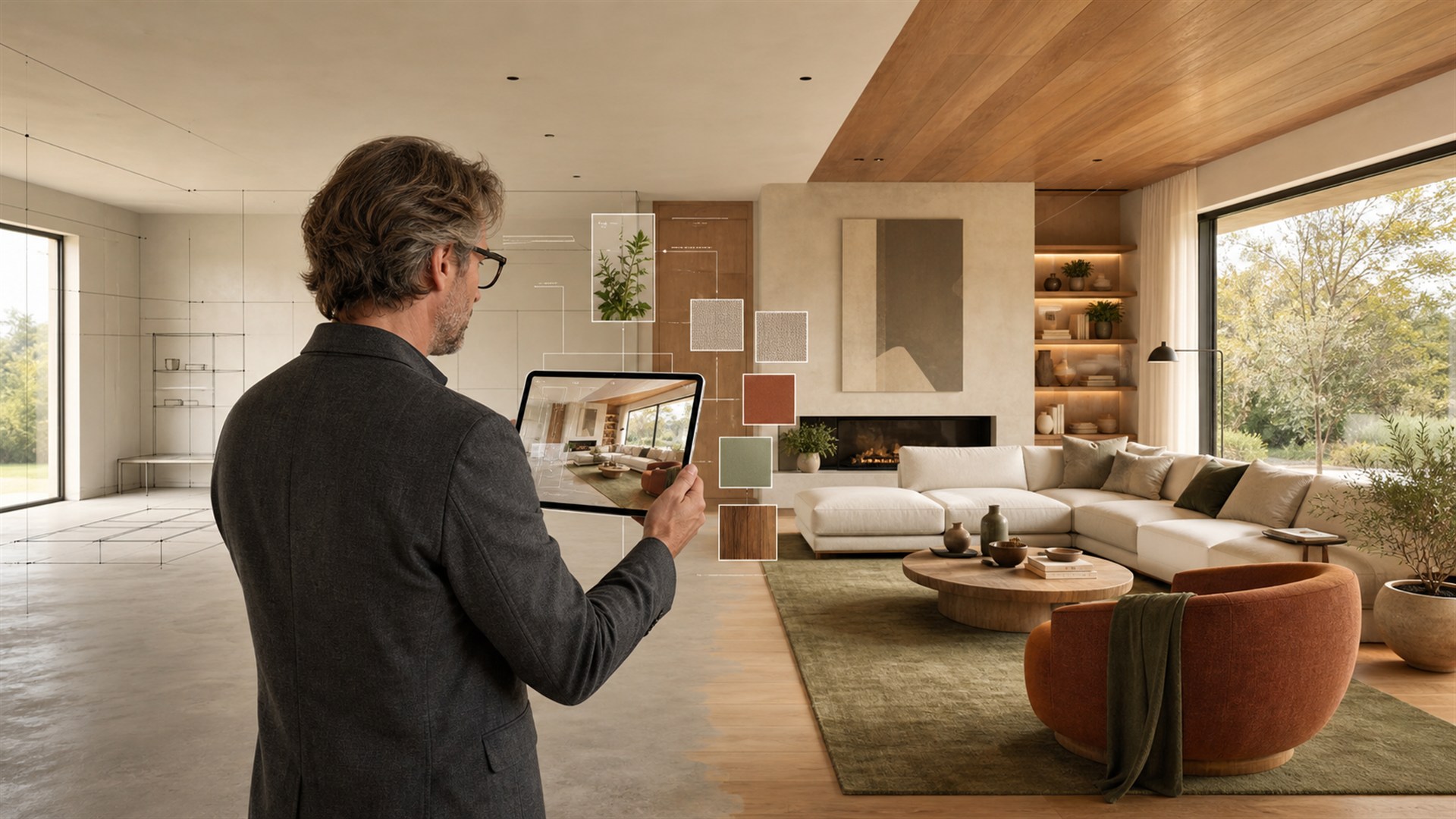 Interior designer visualizing a furnished room with AI