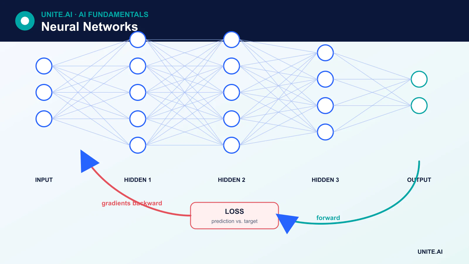 Annotated neural network with inputs, weighted connections, hidden activations, output, loss, and backward gradient arrows