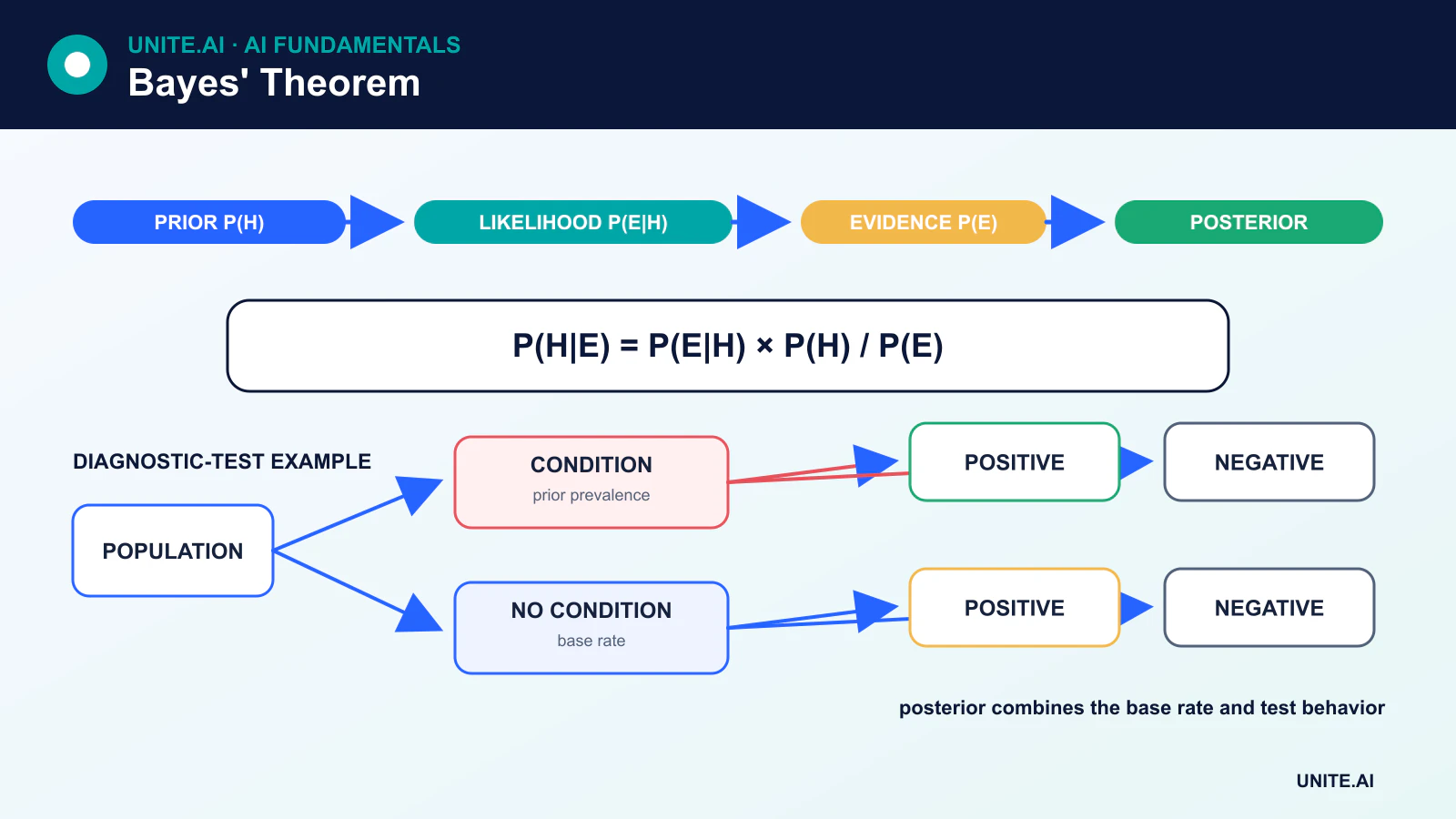 Bayes theorem diagram showing prior probability multiplied by likelihood and normalized by evidence to produce a posterior, with a 1000-person probability tree example
