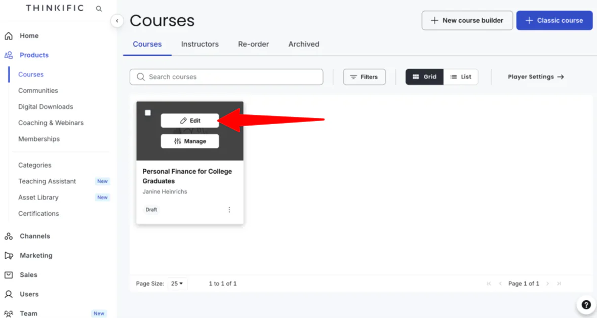 Editing a course in Thinkific.