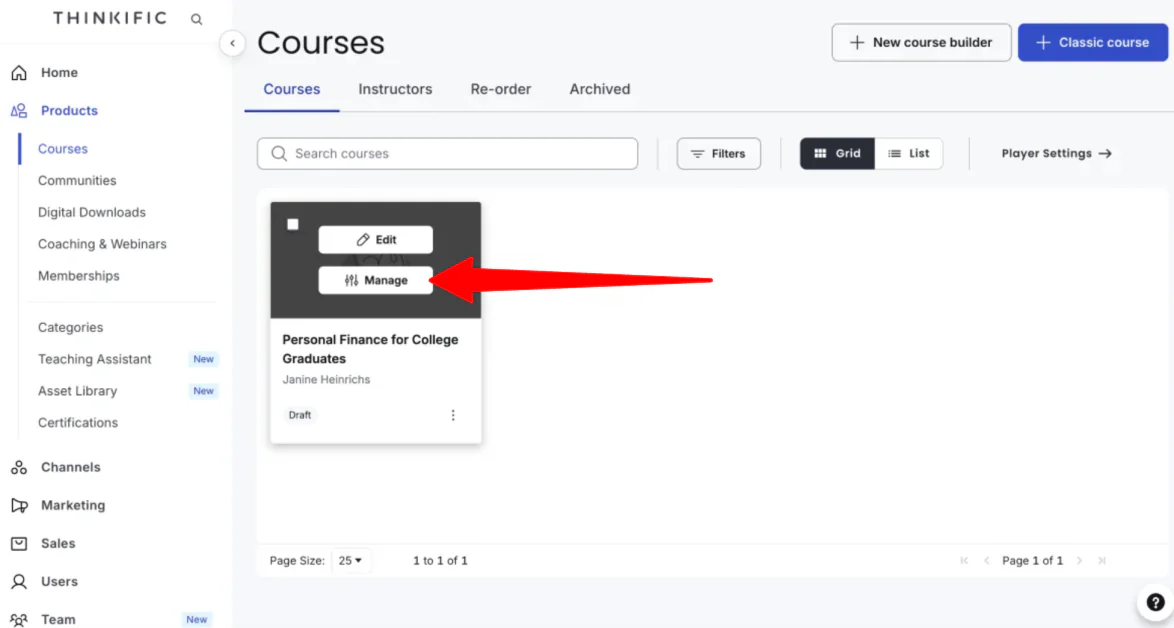 Managing a course created with Thinkific.