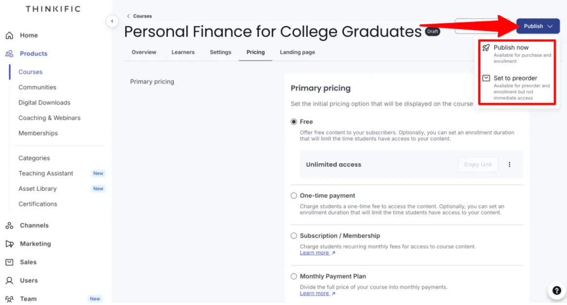 Publishing a Thinkific course.