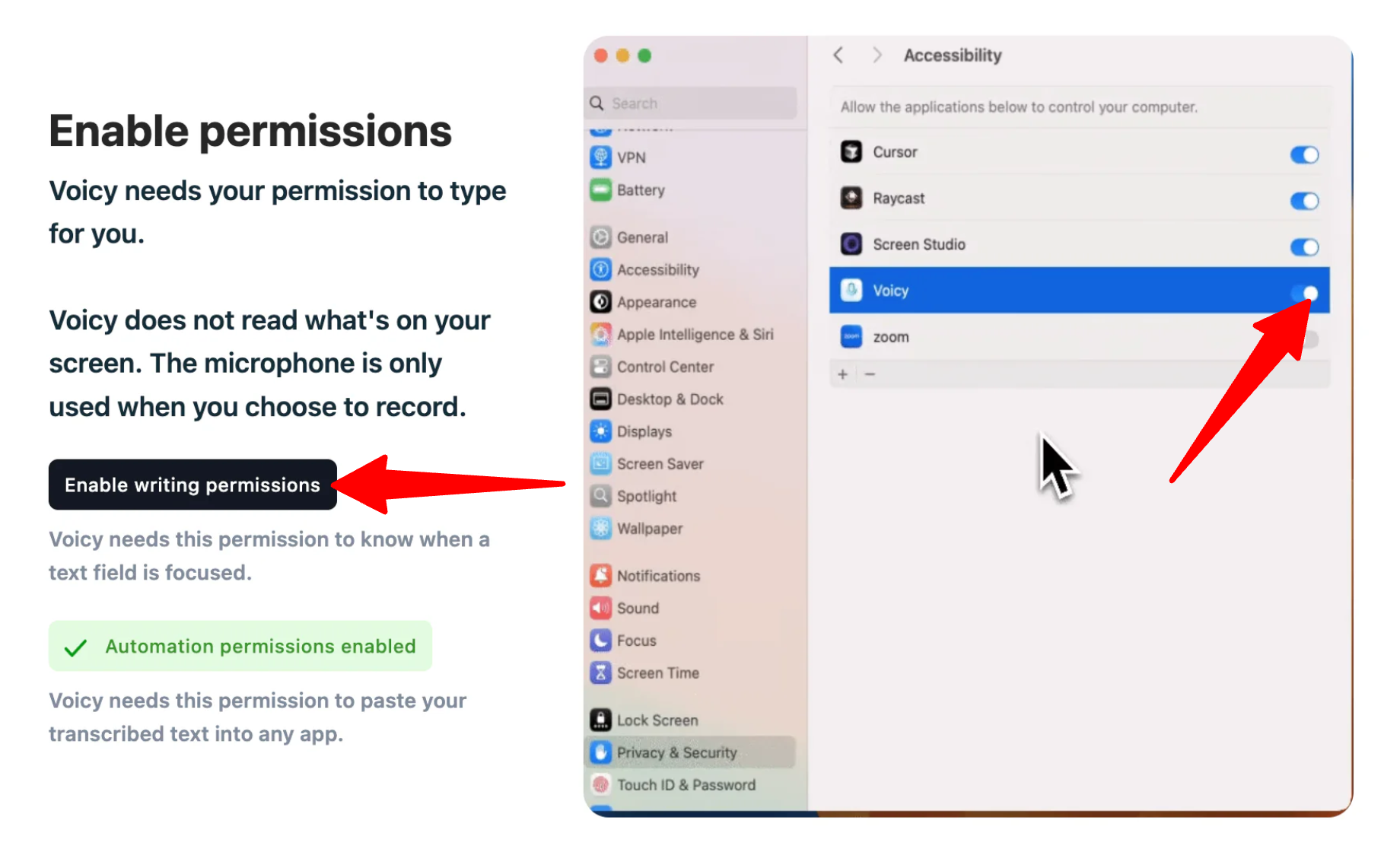 Granting microphone access and accessibility permissions for Voicy AI.