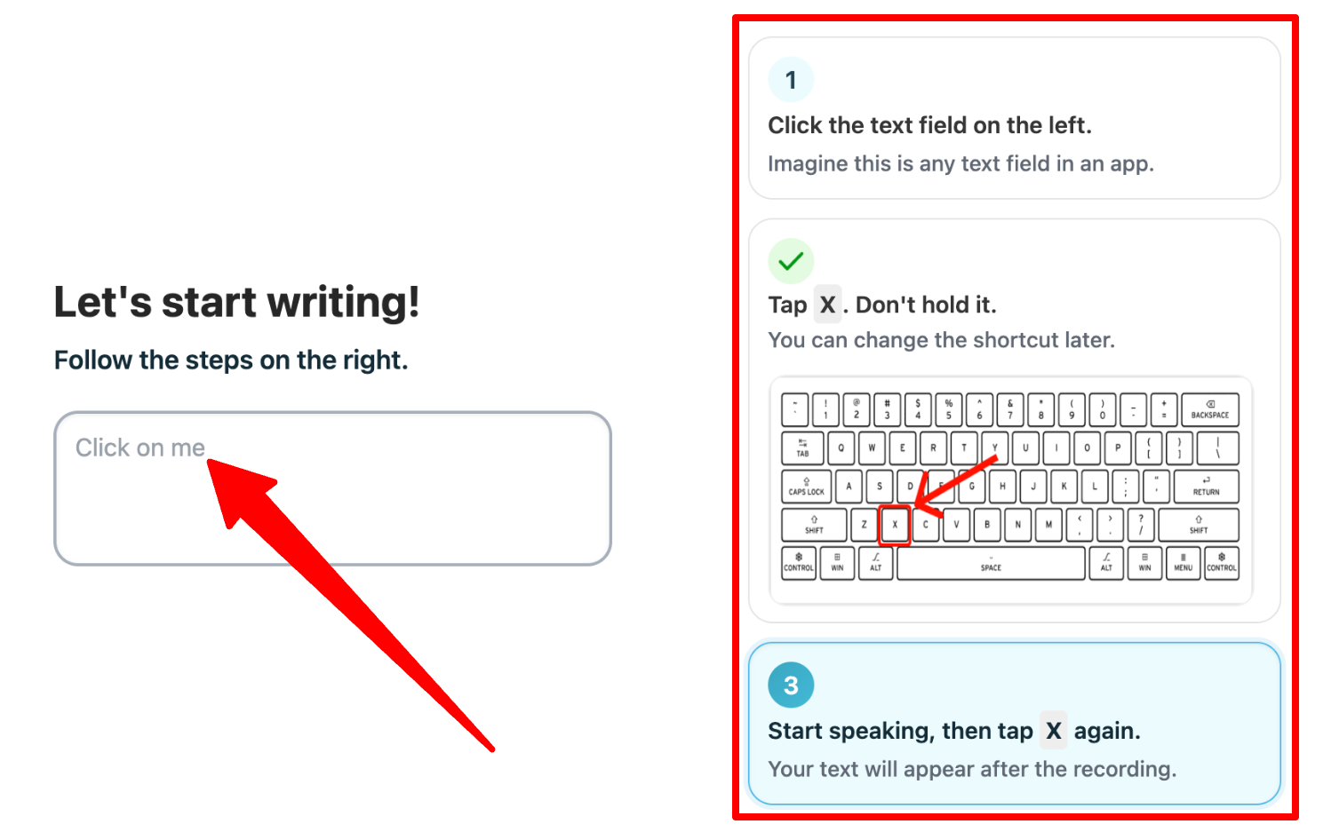 Recording a short transcript with Voicy AI by following the steps in the setup wizard.
