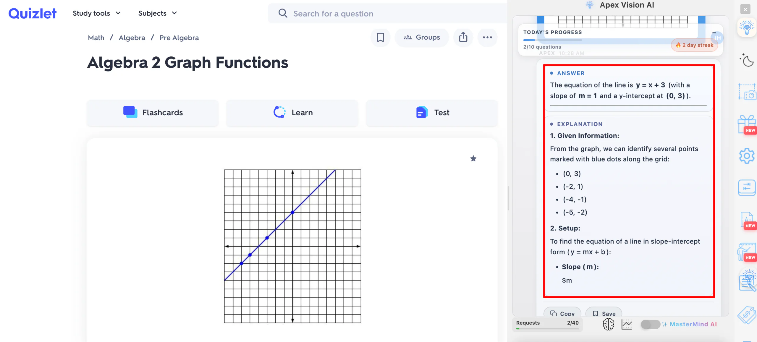 Apex Vision AI walking through the steps of an algebra graph problem in the chat.