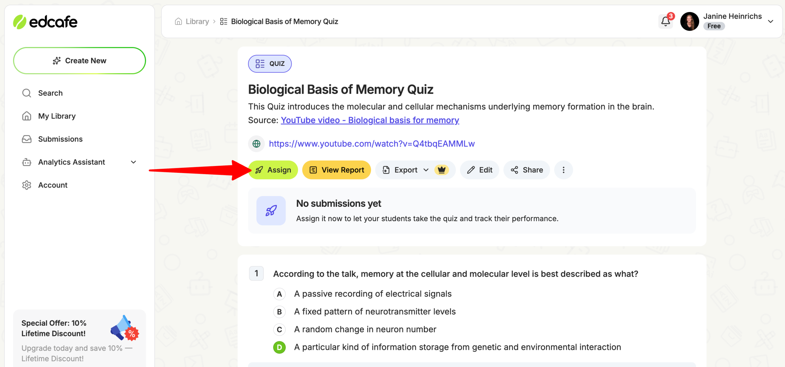 Assigning a quiz made with Edcafe AI to students.