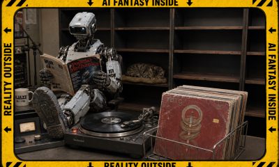 AI-generated article image (GPT Image 2): an industrial humanoid robot sits with its feet raised, reading Popular Mechanics beside a turntable playing a record and a partially filled metal record rack. A cat sleeps on otherwise empty shelving behind it. A yellow-and-black border reads ‘AI FANTASY INSIDE’ and ‘REALITY OUTSIDE’.