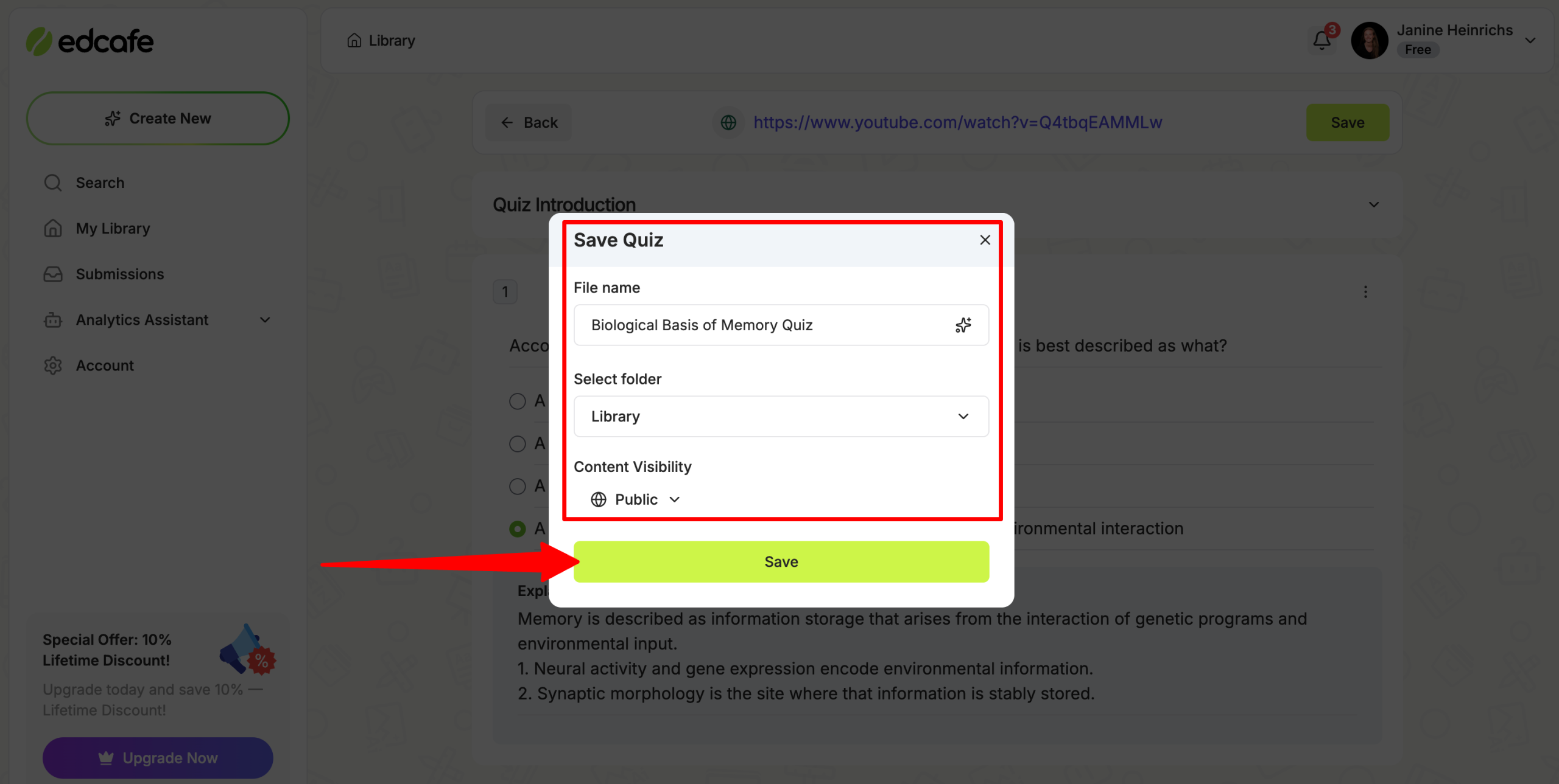 Saving a quiz generated with Edcafe AI.