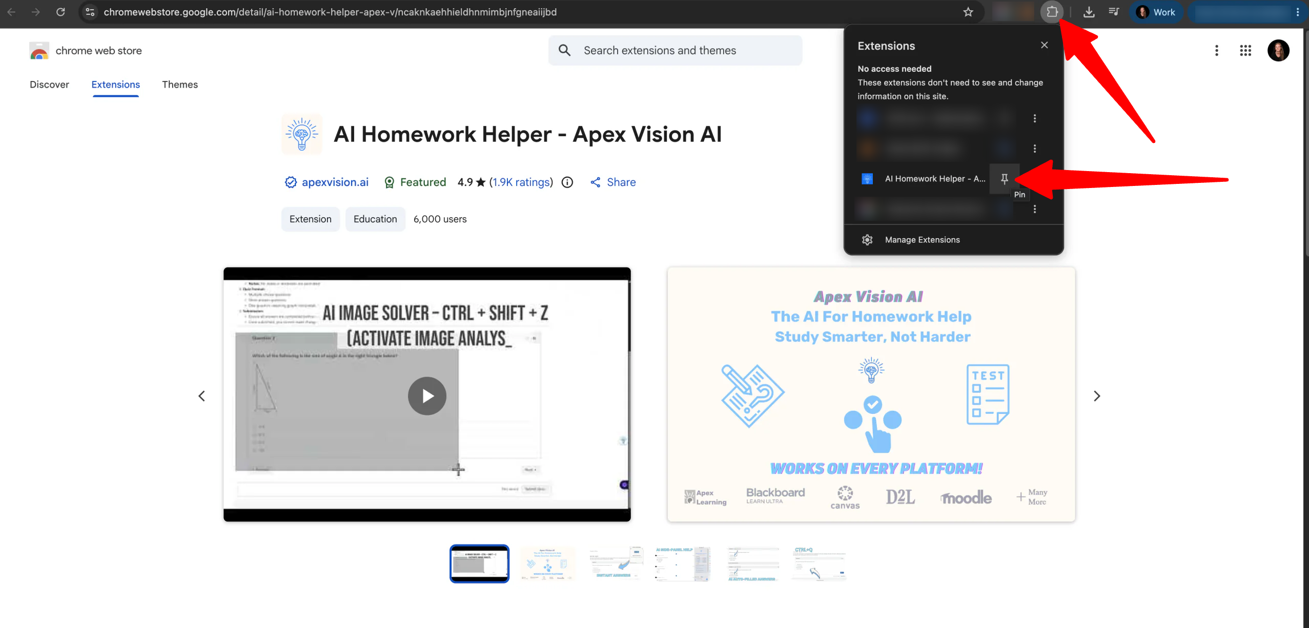 Pinning Apex Vision AI in Google Chrome.