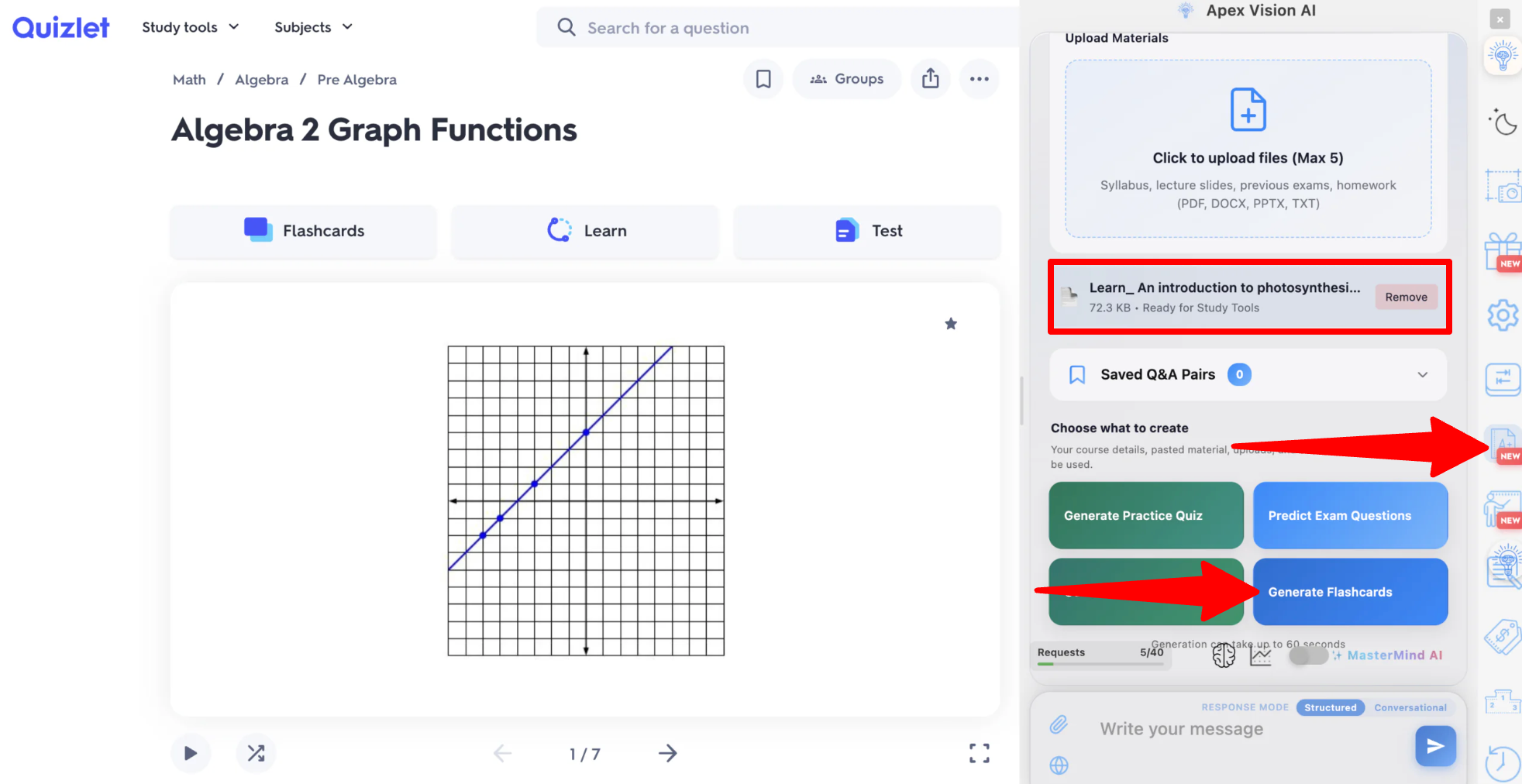 Uploading a reading and generating flashcards with Apex Vision AI.