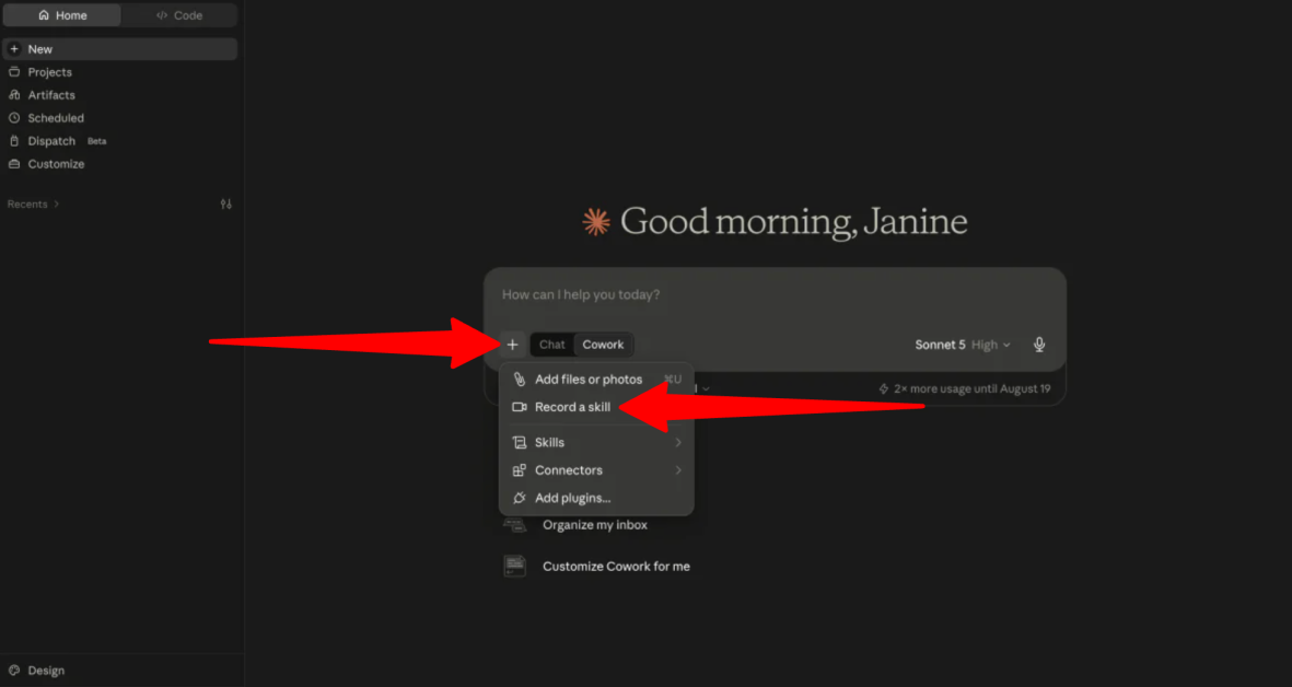 Accessing the Record a skill feature in Claude Cowork.