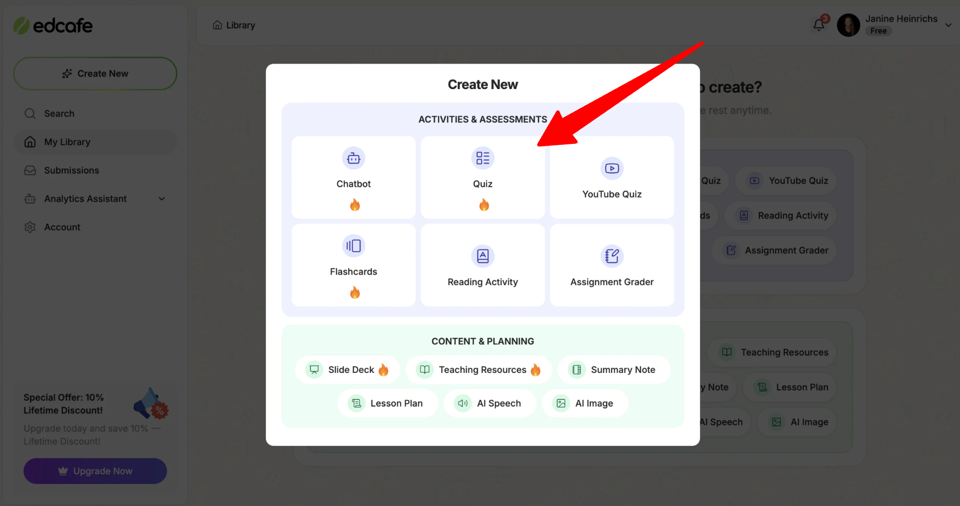 Creating a new quiz in Edcafe AI.