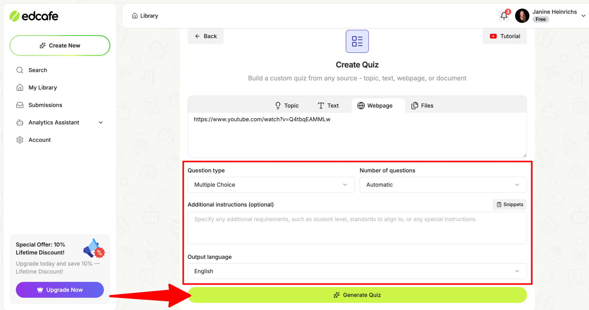 Choosing the settings when making a quiz with Edcafe AI and generating it.