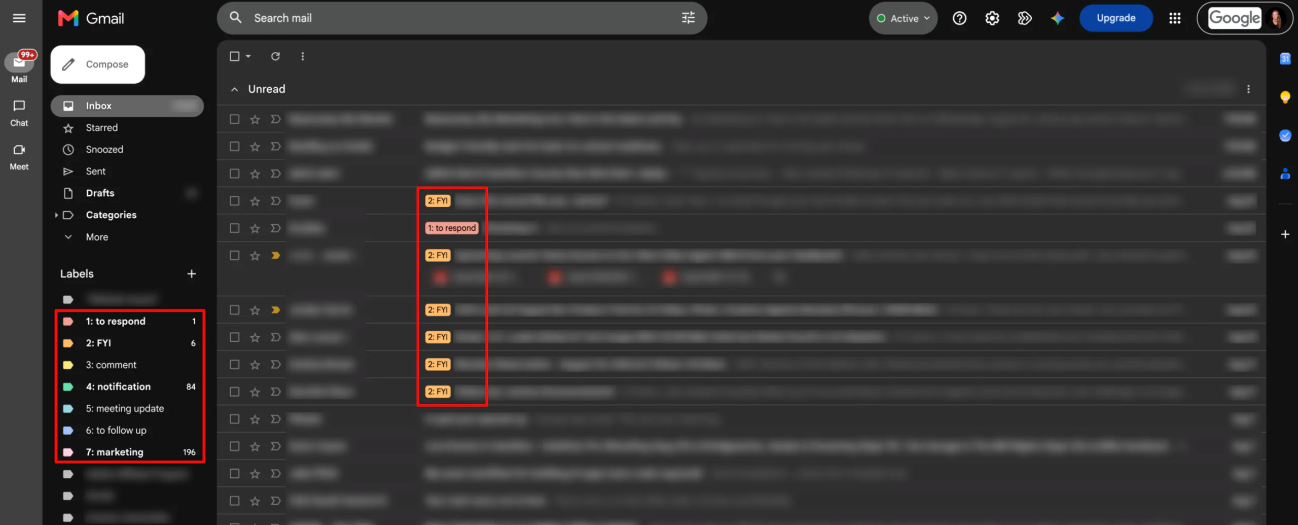 Labelled emails in an email inbox.