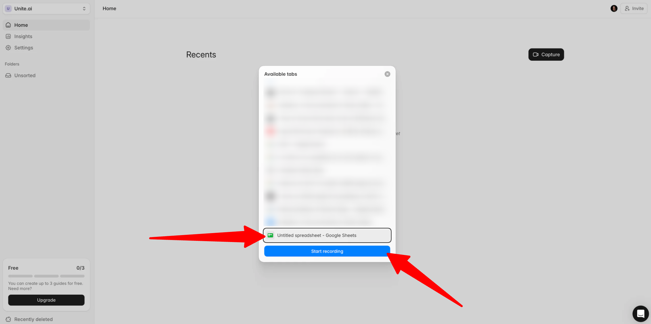 Choosing the tab with Google Sheets when recording with Guideless AI.