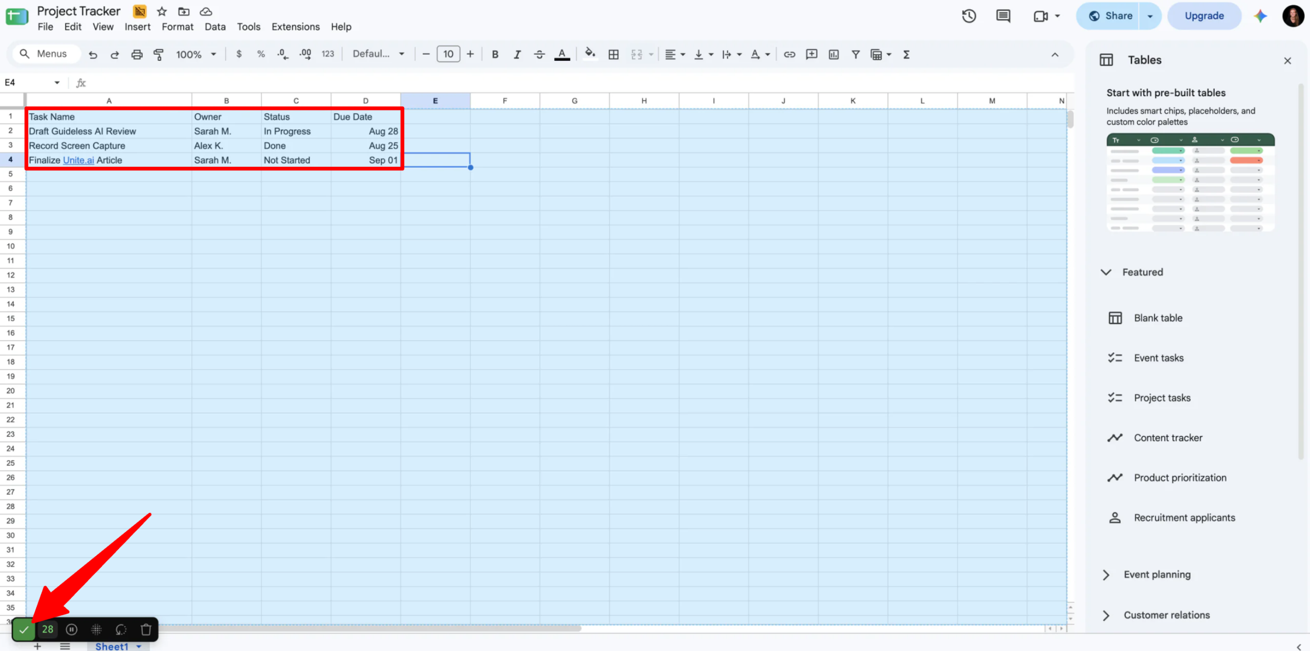 Using the Guideless AI screen recorder to show how to create a Project Tracker in Google Sheets.