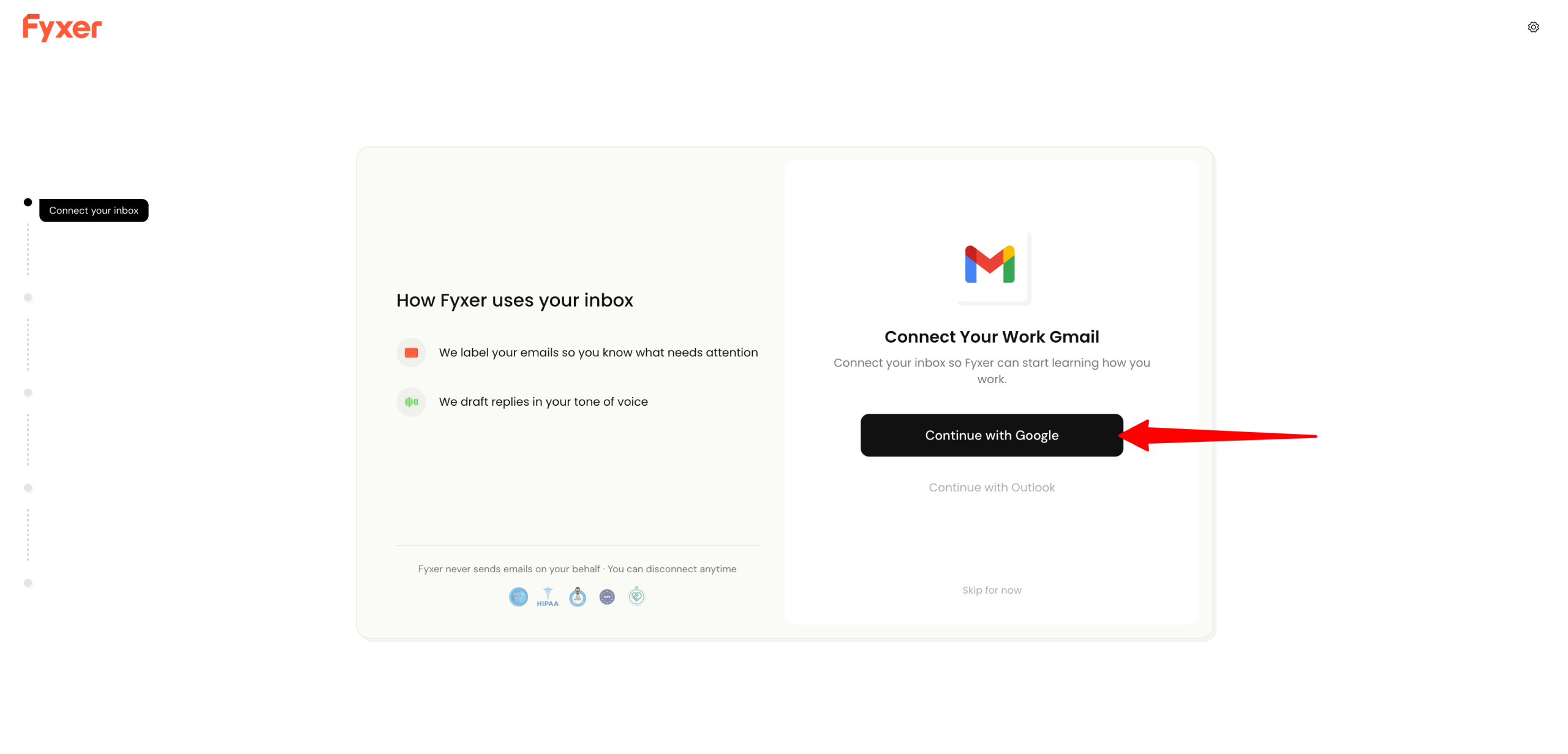 Connecting Fyxer to Gmail.