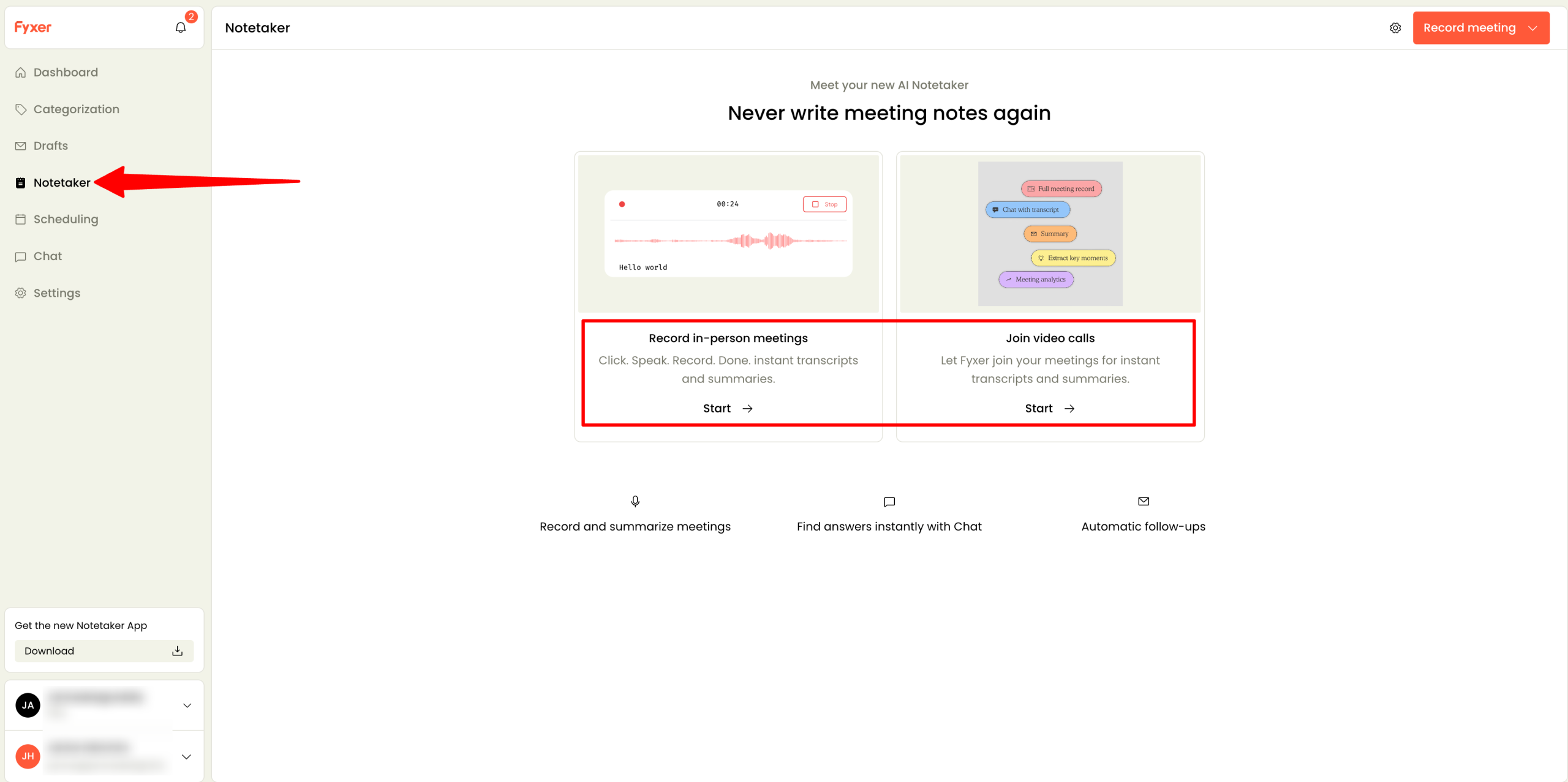 Accessing and exploring the Notetaker on Fyxer.
