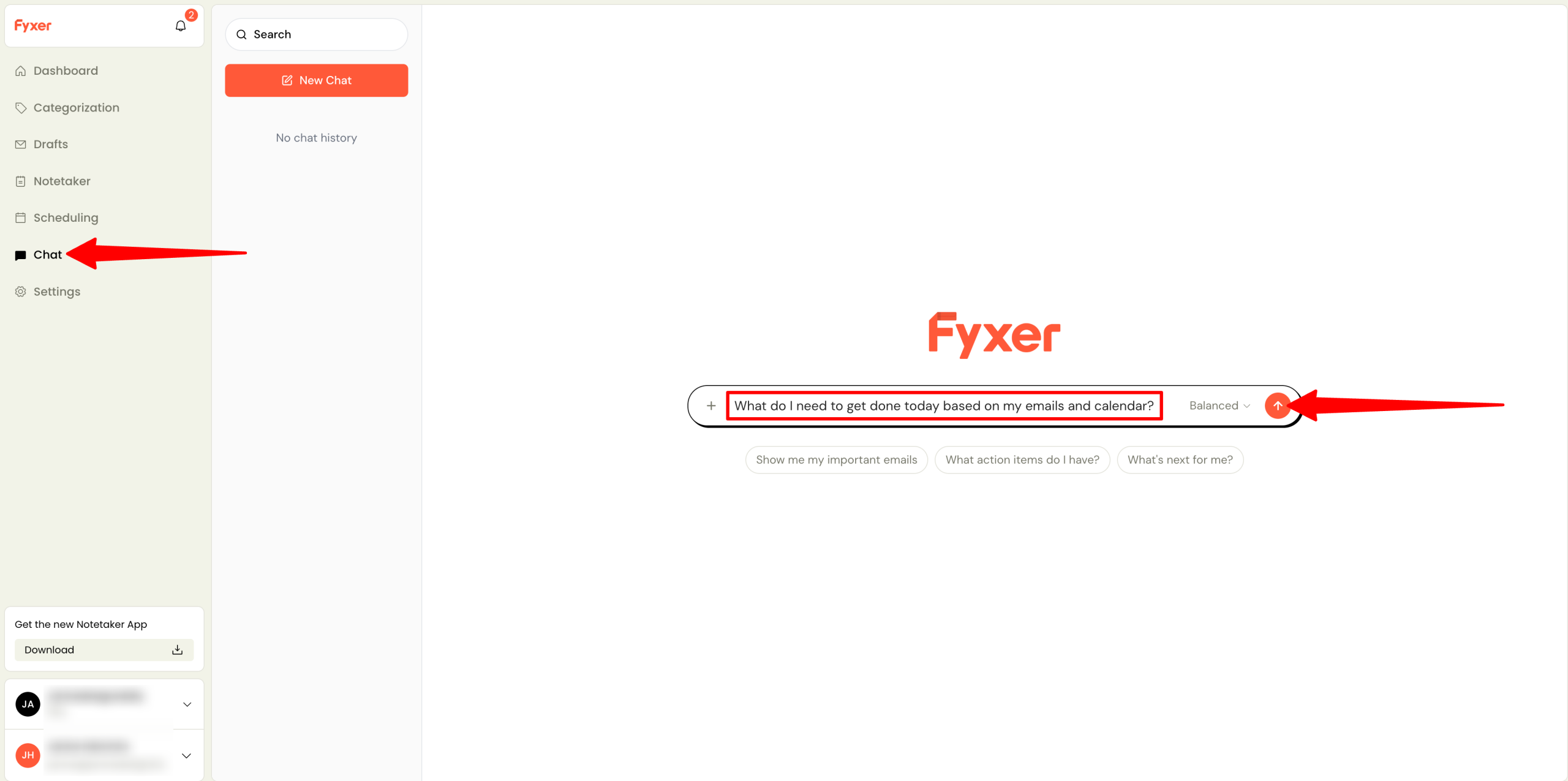 Asking the Fyxer AI chat a question about emails and calendar.