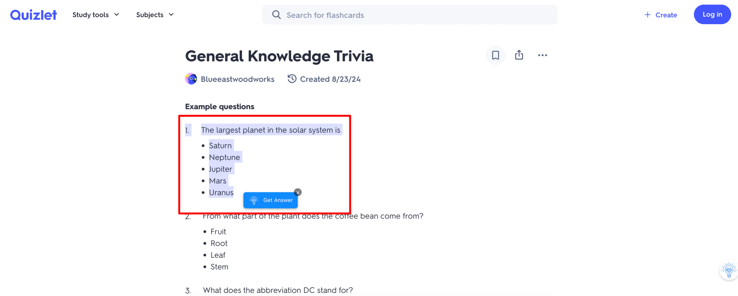 Highlighting a multiple-choice question and clicking on the Apex Vision AI popup to reveal the answer.