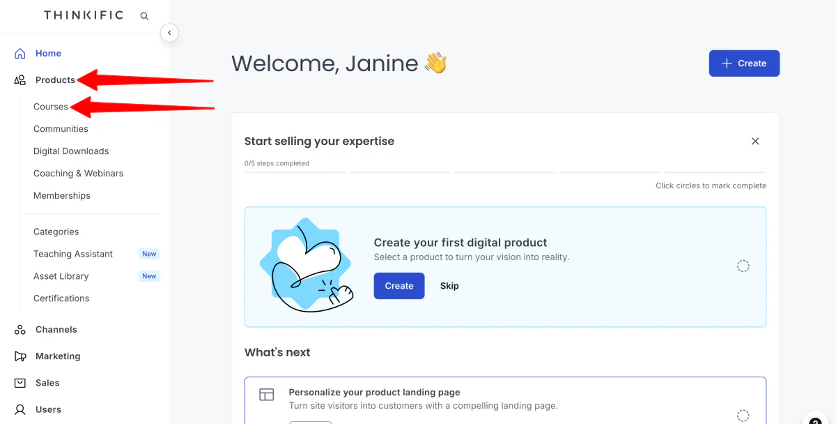Accessing course creation on Thinkific.