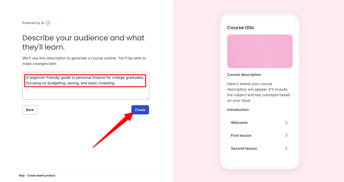 Giving Thinkific a prompt to generate a course outline with AI.