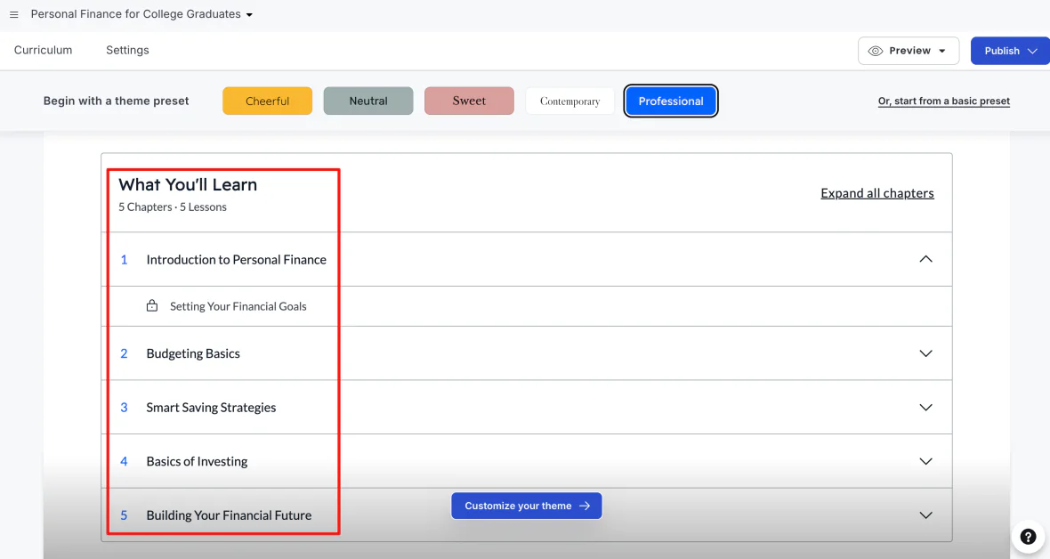 An AI generated course outline with chapters and lessons already in place.