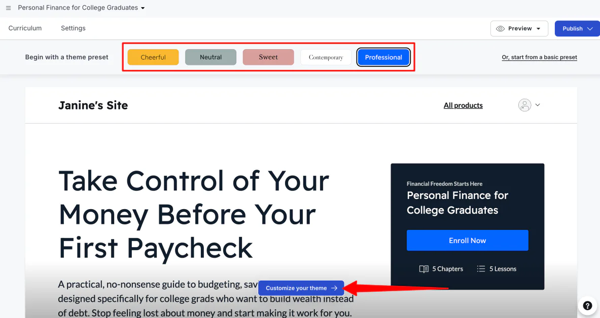 Choosing a theme and customizing a course outline generated with Thinkific.