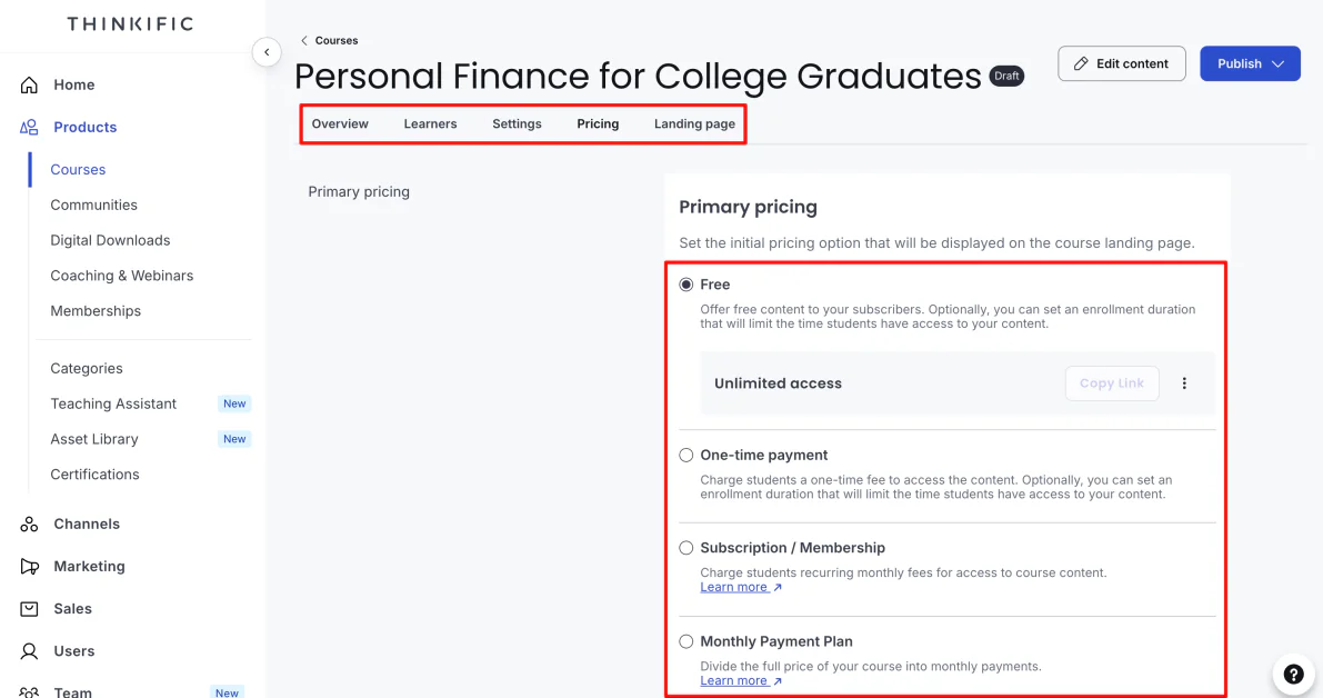 Choosing the pricing for a course created with Thinkific.