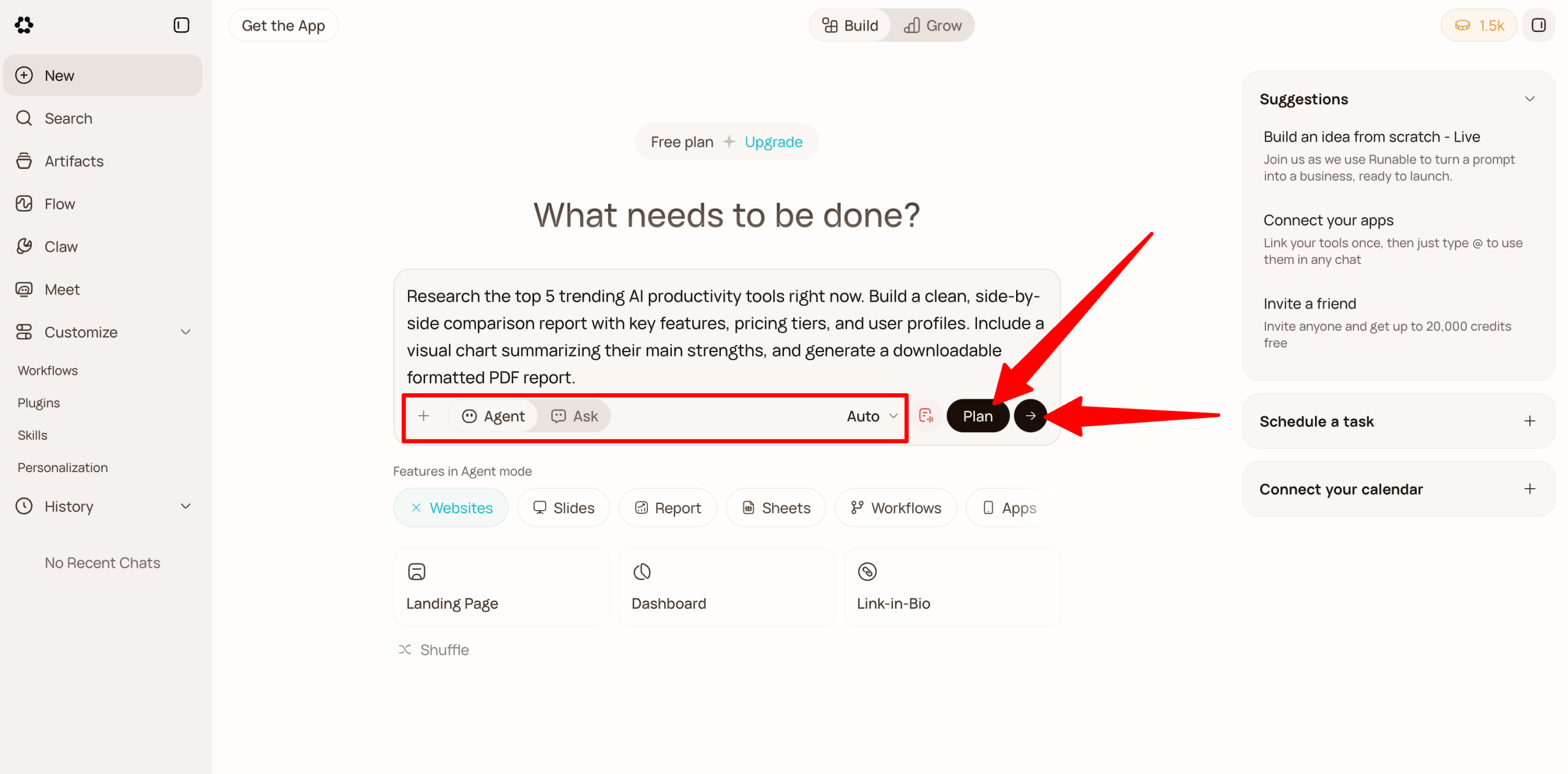 Adjusting the settings betore sending a prompt to Runable.