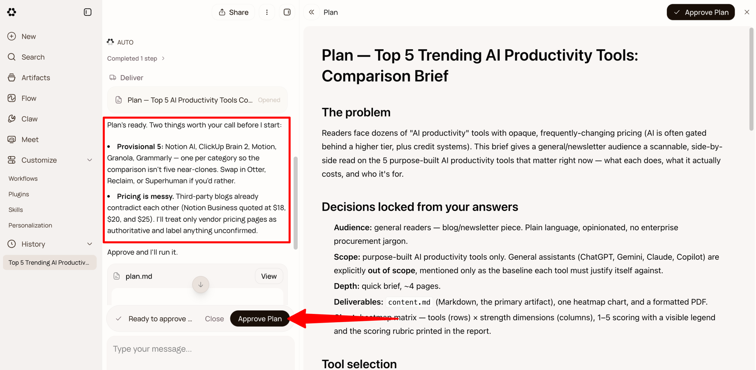 Approving the plan in Runable to run the plan.