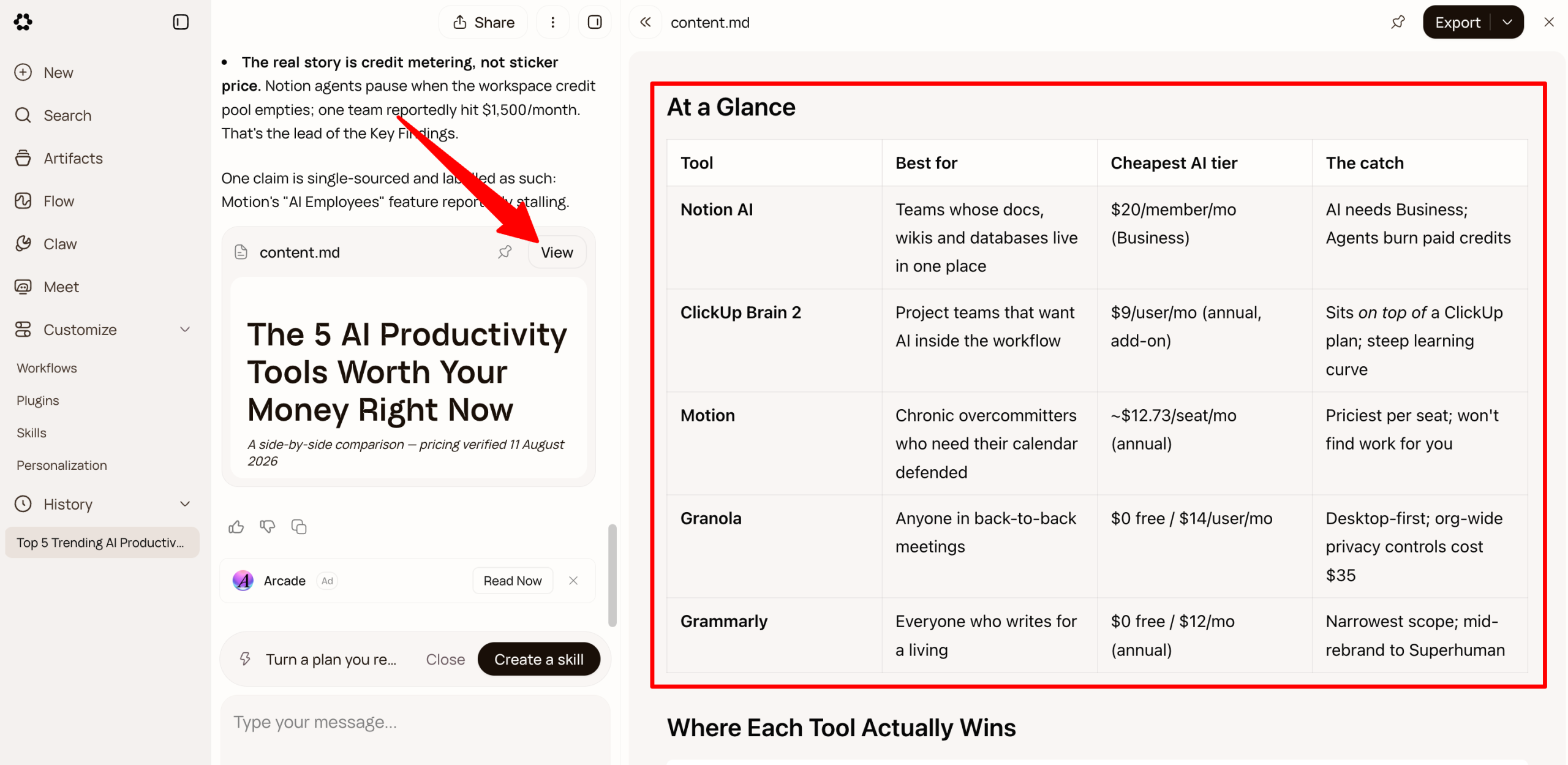 Runable comparing 5 AI productivity tools in a chart.