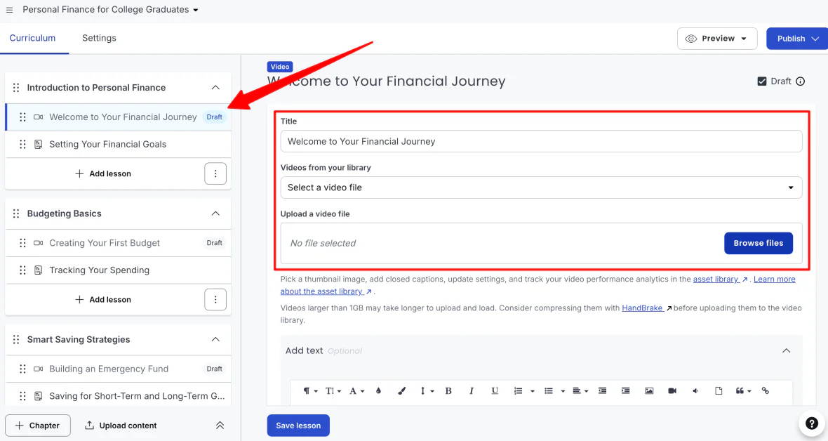 Editing lessons in a course made with Thinkific.