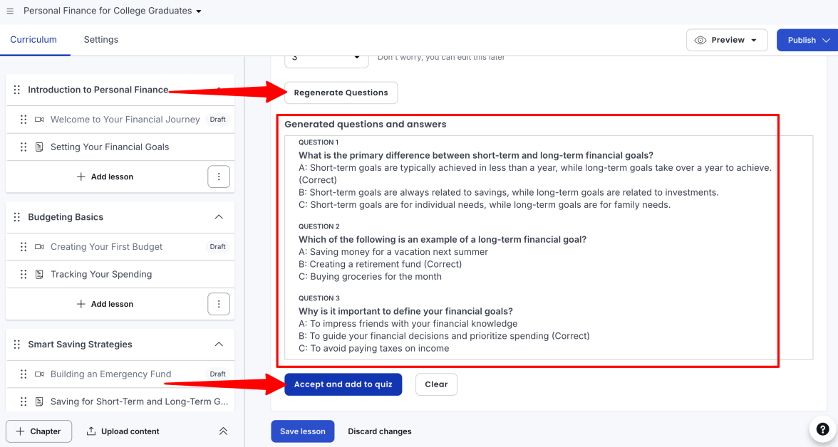 Accepting the questions for a quiz generated with Thinkific.