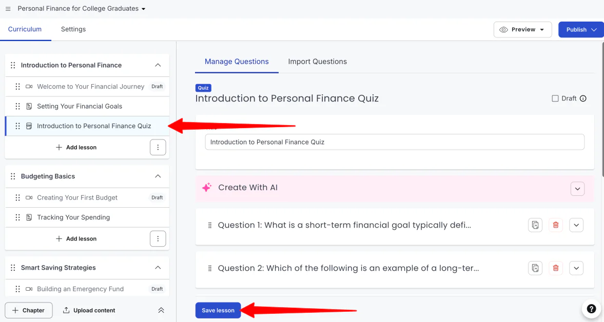 Adding a quiz to the end of a chapter in a course made with Thinkific.