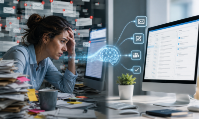 An overwhelmed professional facing a cluttered email inbox transforming into a clean, organized inbox.