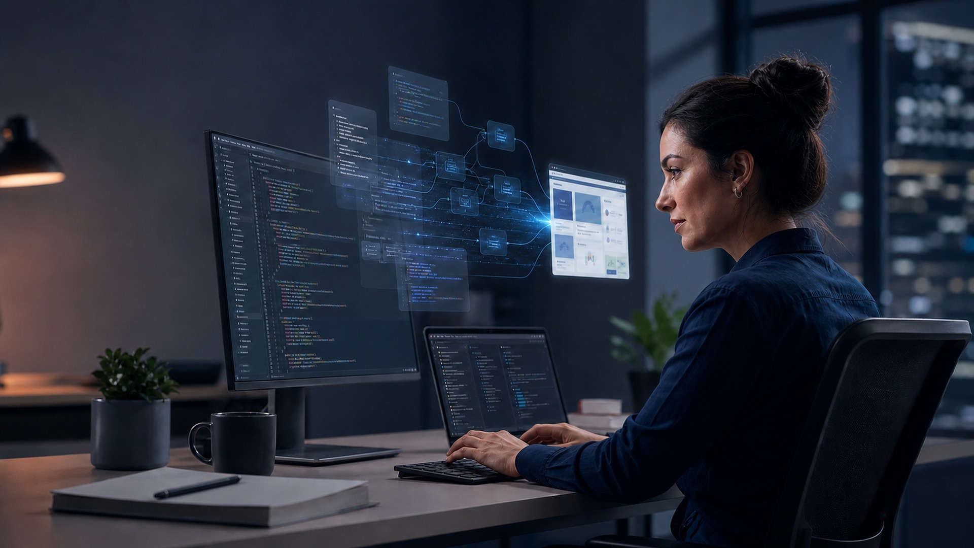 Woman developer looking at a monitor while using an AI code-generation system