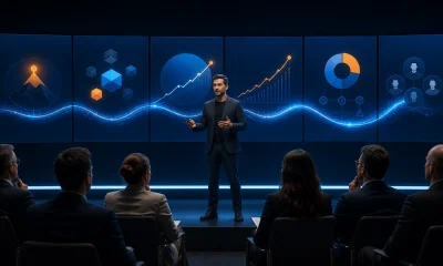 Founder presenting an AI-generated pitch deck to investors