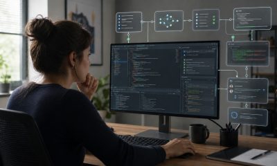 Woman developer reviewing code with an AI-assisted software workflow