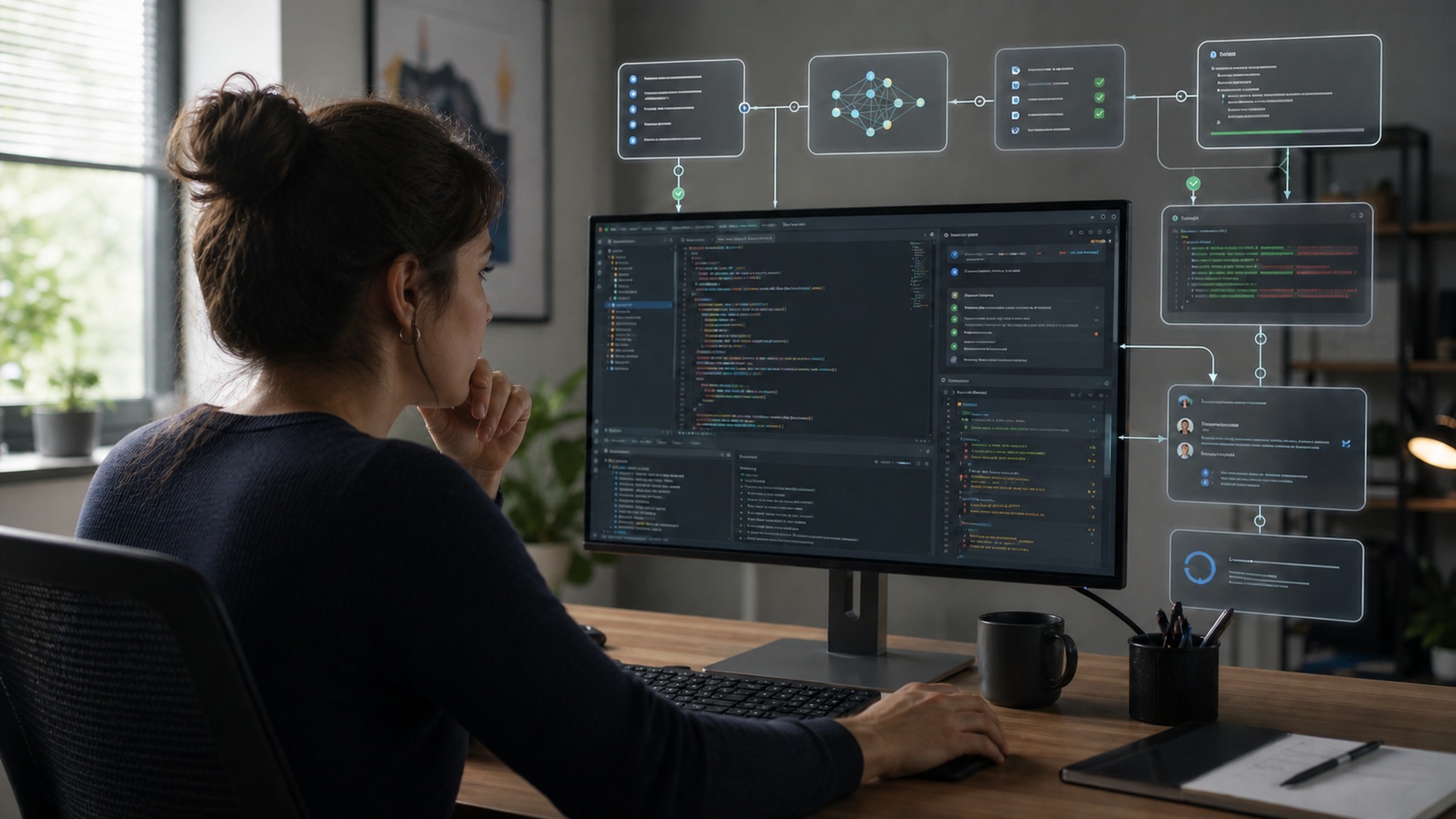 Woman developer reviewing code with an AI-assisted software workflow