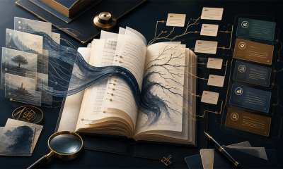 Abstract AI-assisted writing workflow with an open manuscript, story paths, and editing tools