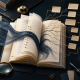 Abstract AI-assisted writing workflow with an open manuscript, story paths, and editing tools