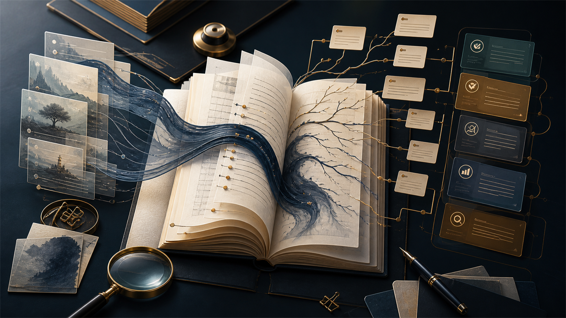 Abstract AI-assisted writing workflow with an open manuscript, story paths, and editing tools